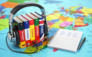 Learning languages online. Audiobooks concept. Books and headpho
